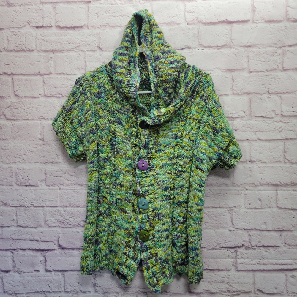 Chunky Knit Hooded Cardigan Short Sleeve‎ Sweater Sz M Artsy Button Cozy Boho